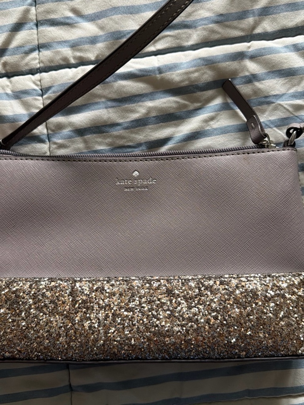 kate spade taupe crossbody with glitter-trim